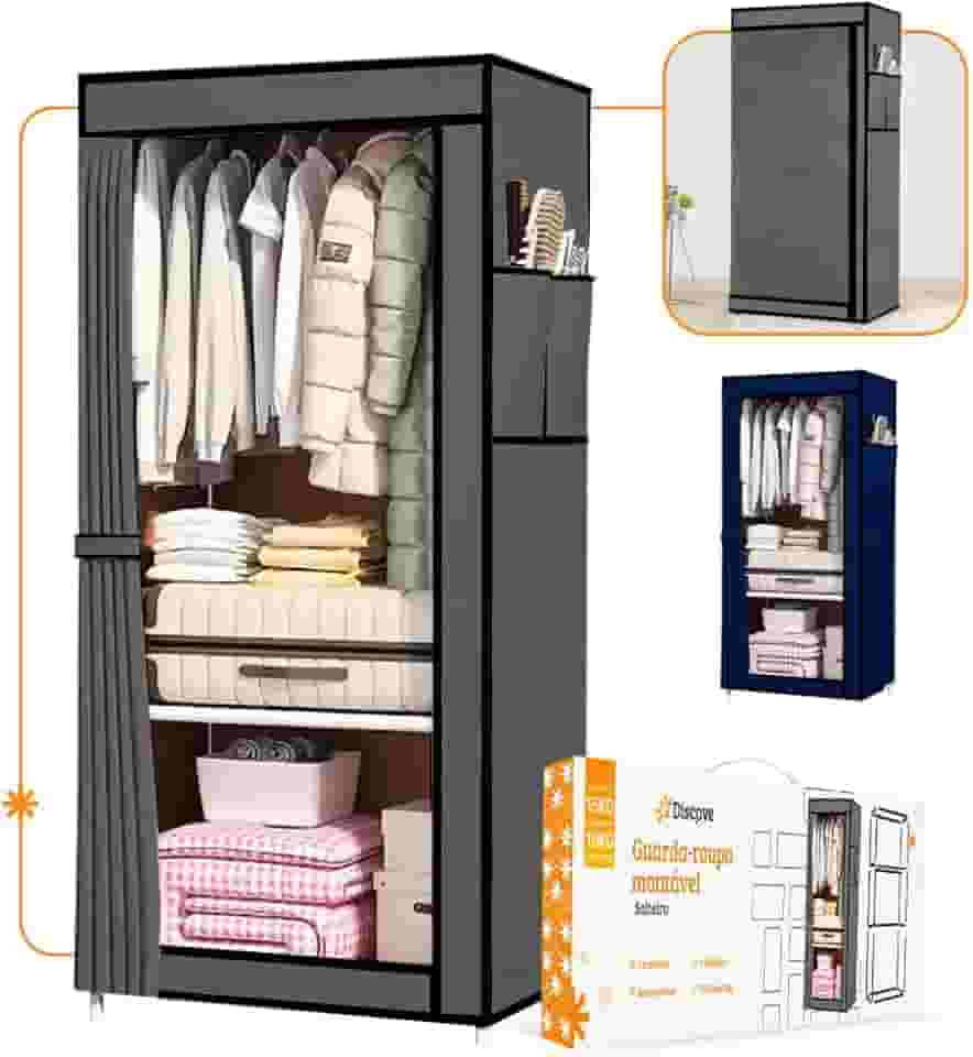 Guarda Roupa Dobrável Armário Organizador Portátil Grande (Cinza - Solteiro)