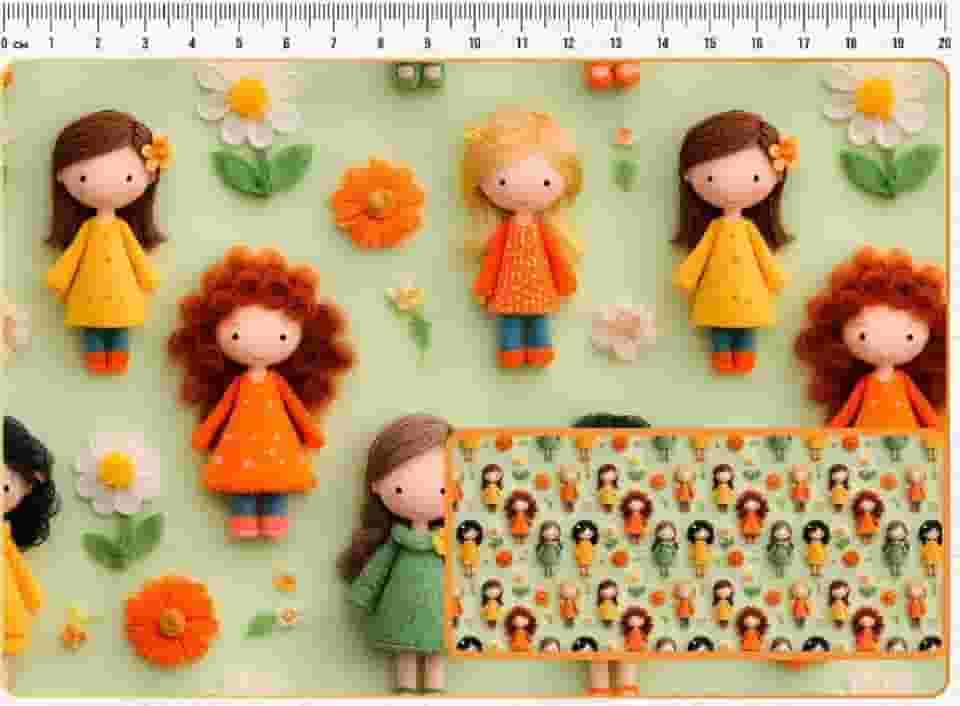 Tecido Tricoline Digital Girls and Puppies Estampa de Bonecas Fundo Verde 50 x 150 cm