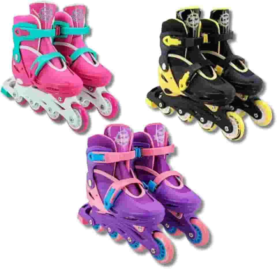 Kit de Patins Ajustáveis com Capacete e Proteção, Violeta, Amarelo e Rosa, Tamanhos 30-33 e 34-37, para Crianças +3 Anos, Suporta até 60kg