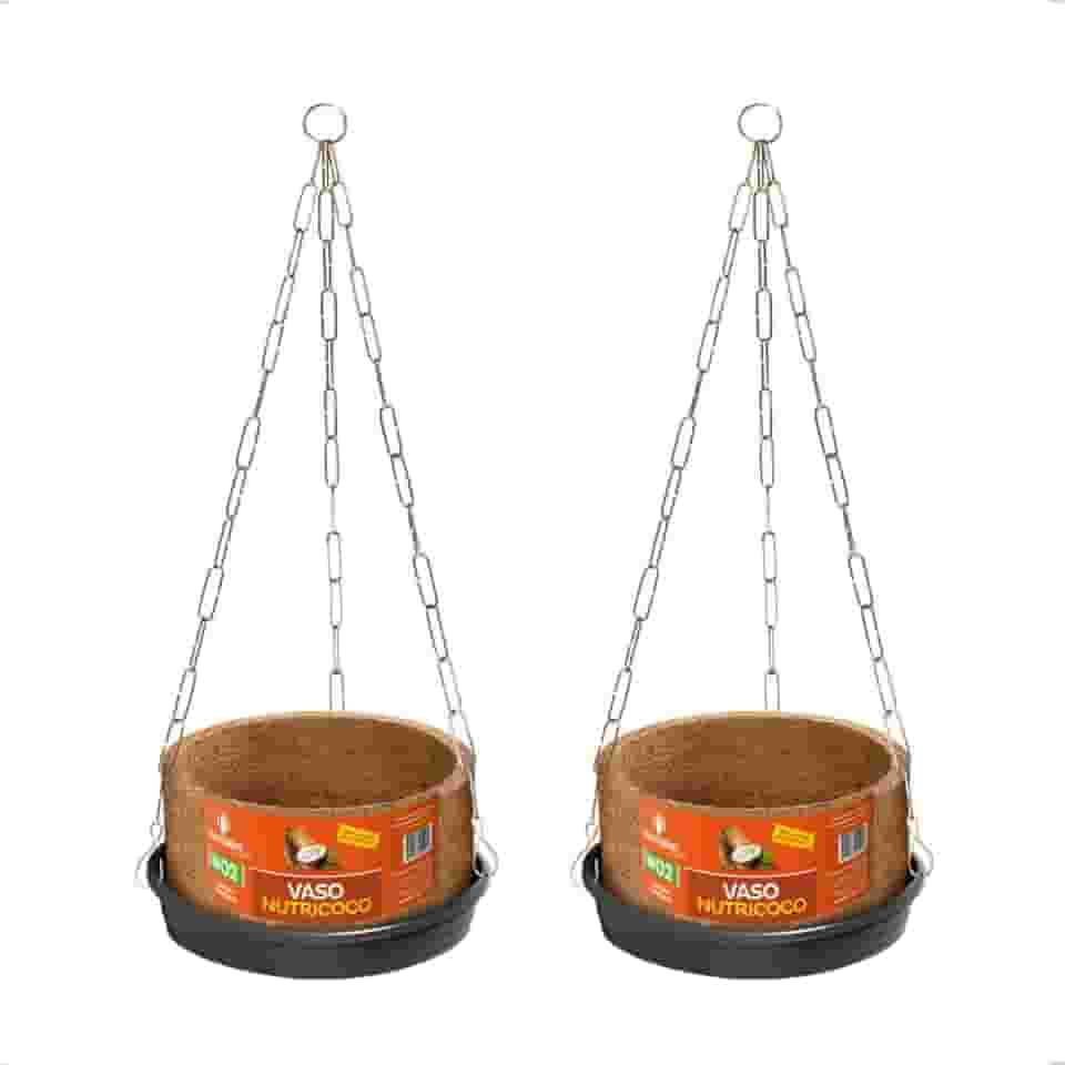 Kit 2 Vaso Planta Completo Fibra Coco Pendurar Prato Corrente N2 Médio Samambaia Orgânico Nutriplan