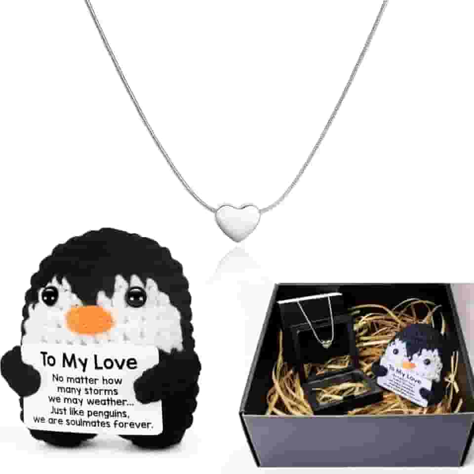 Presente Feminino Romântico Inesquecível Namorada Esposa Dia dos Namorados - Kit Pinguim de Crochê e Colar de Coração em Aço Inoxidável - Embalagem Premium para Surpreender