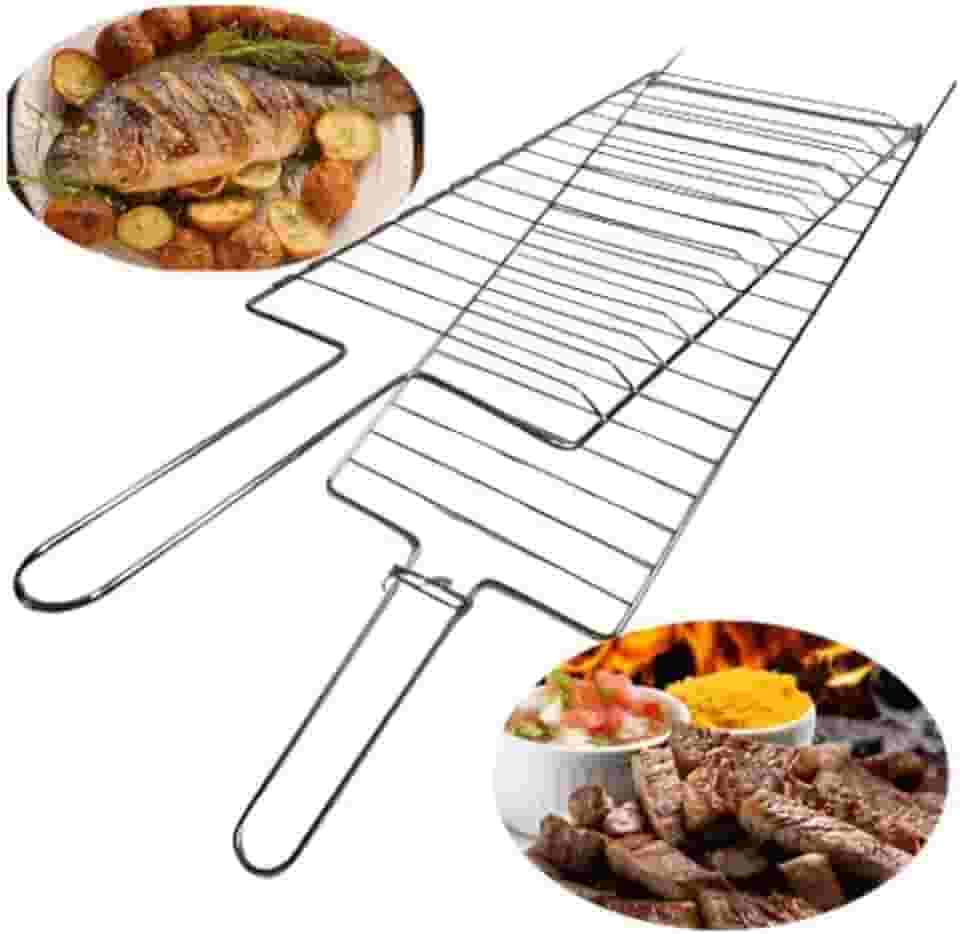Grelha Dupla Para Churrasco 70 x 26,5cm Para Frango Peixes e Carnes Cromada