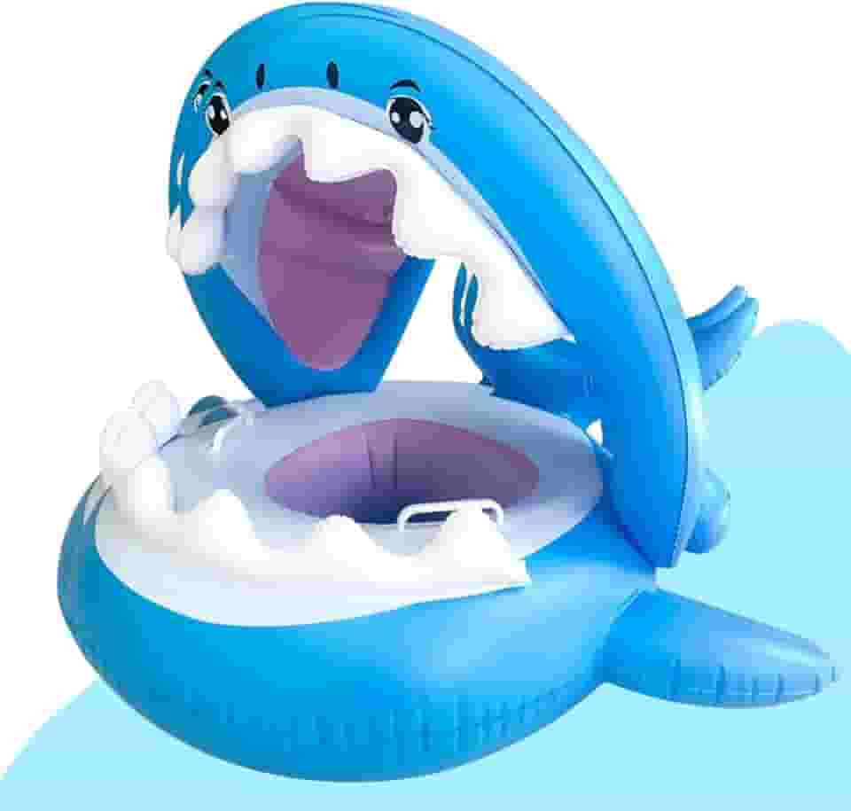 Boia Infantil Bebe Tubarão Azul Piscina Bote Inflável com Cobertura de Proteção Solar Criança