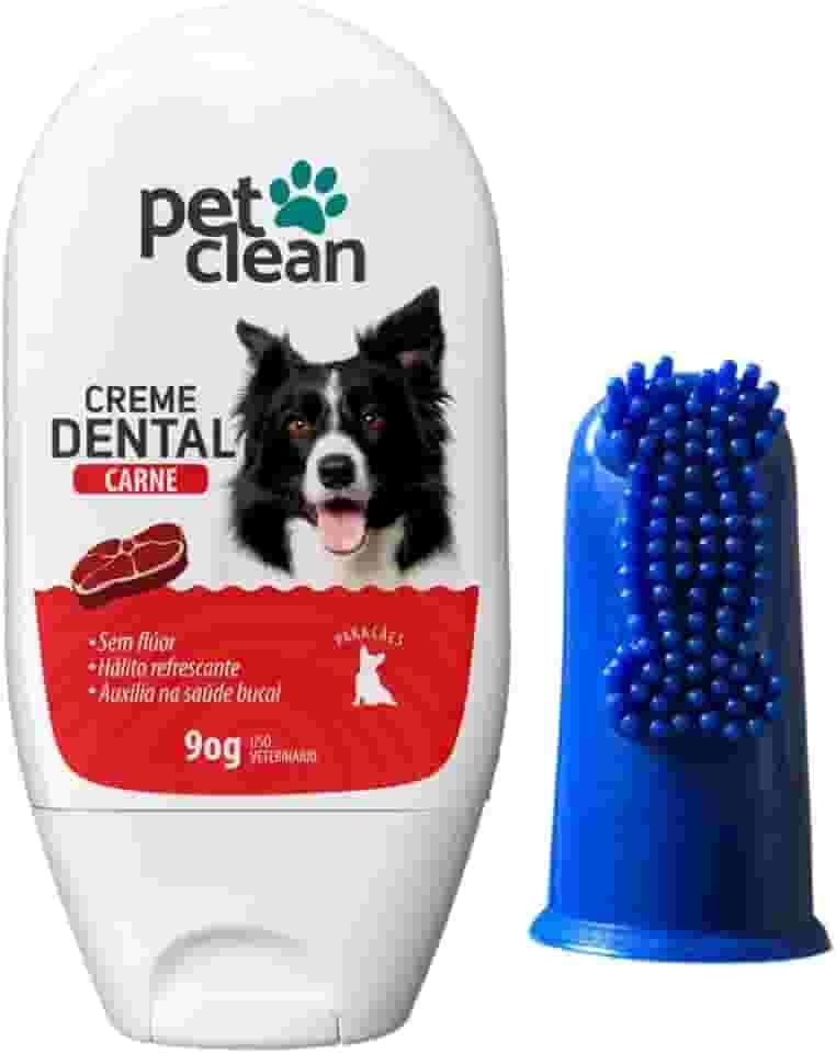 Pet Clean Creme Dental Sabor Carne com Dedeira de Silicone, 90g, Sem Flúor, para Cães e Gatos