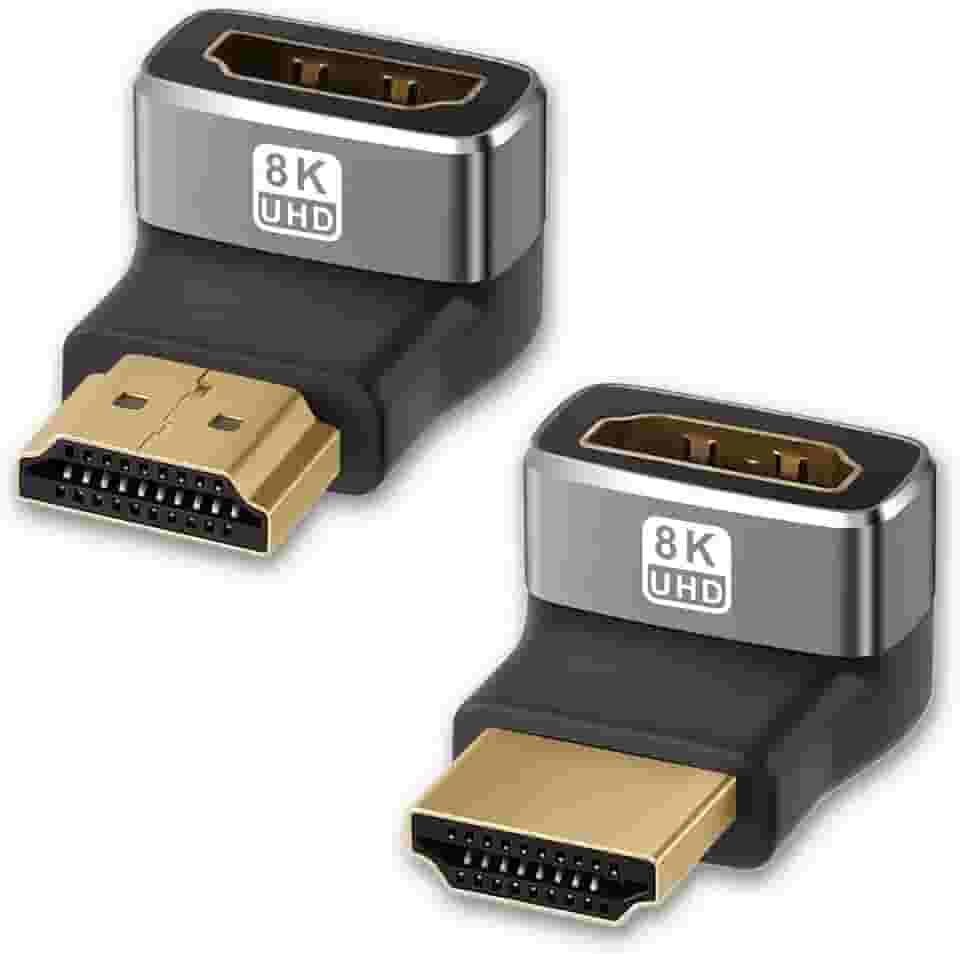Adaptador de ângulo reto HDMI 2.1 8K, pacote com 2, extensor HDMI macho para fêmea 90° e 270°, 4K @120Hz 8K @60Hz, banhado a ouro 24K, conector de cotovelo HDMI com economia de espaço para