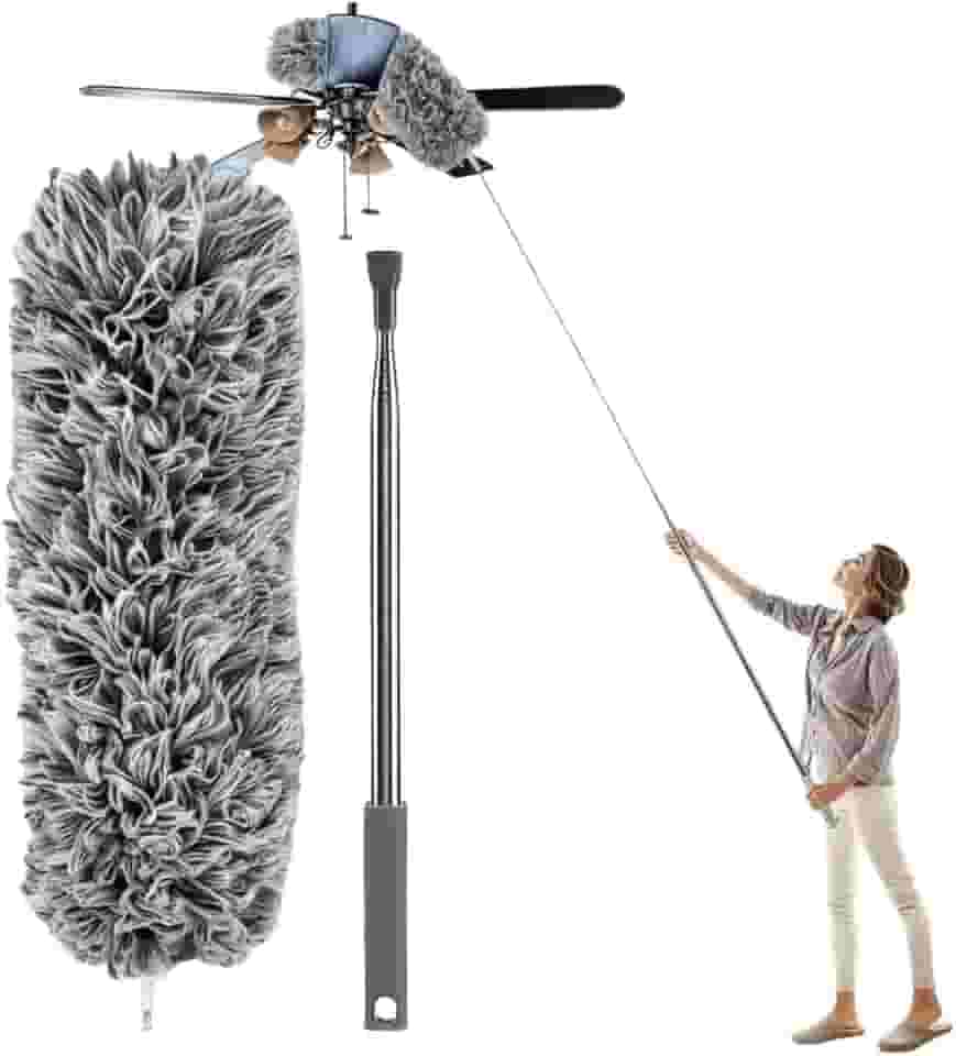 Espanador Extensível 2,80m com Haste Inox Flexível – Microfibra Premium Lavável, Cabeça 360° Antipoeira – Limpeza de Teto, Ventilador, Casa e Locais Altos – Ultra Leve e Resistente