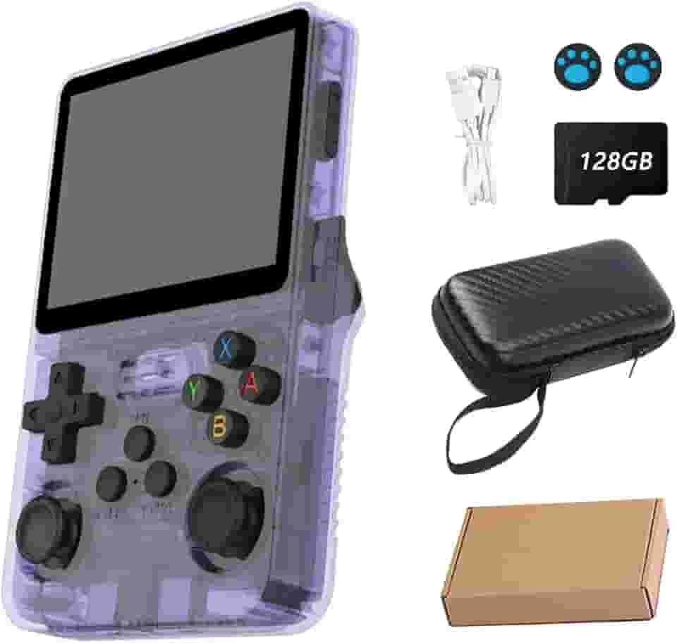 Console de video game portátil R36S Retro de 128 GB,r36s console portatil, mais de 39.000 jogos, r36s arkos, tela IPS de 3,5 polegadas,3500mAH,reprodutor de vídeo de bolso [linux] (Roxo)