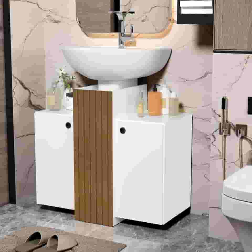 Gabinete Armário Banheiro Pia De Coluna 2 Portas Demeter (Branco/Ripa)