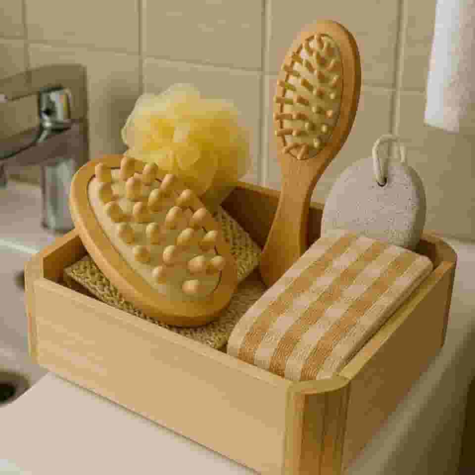 Kit Banho Spa Madeira Relaxante Massagem Revigora Esfoliação Uso Diário Essencial no Banho Leve na Viagem e Presente