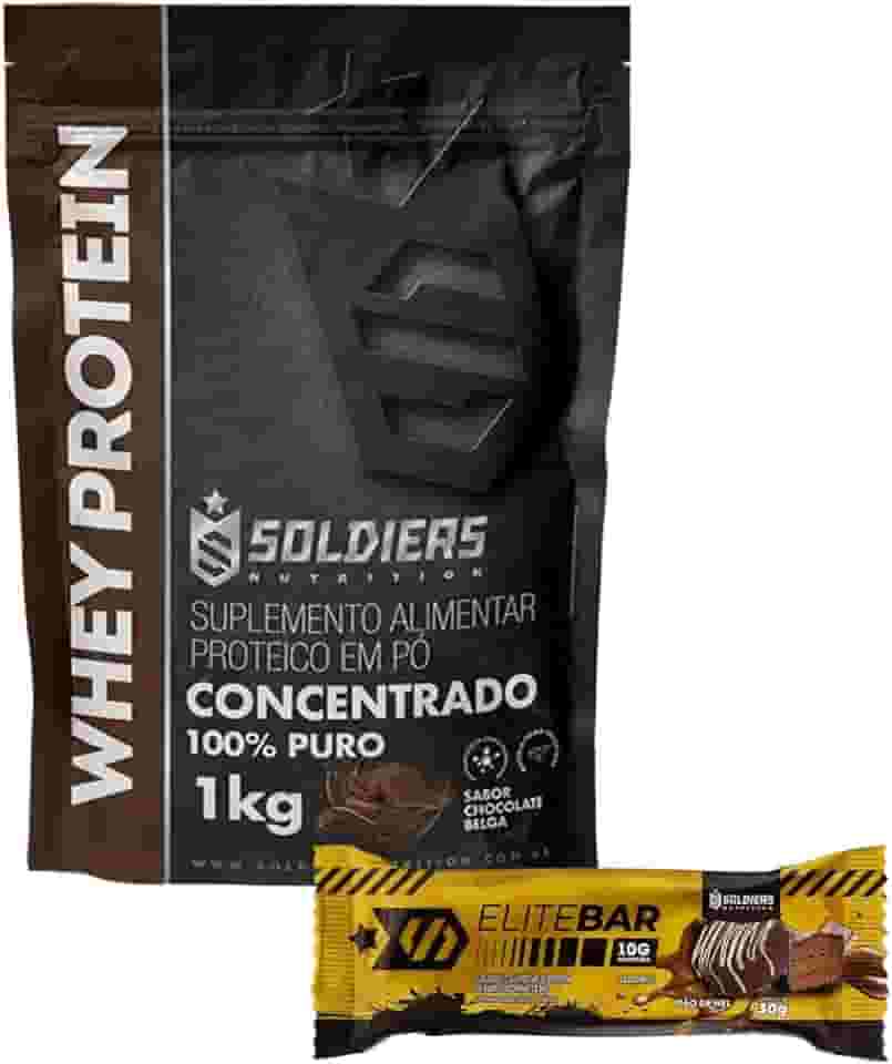 Kit: Whey Protein 1Kg Chocolate Belga + Barrinha Elitebar Pão de Mel 30g Soldiers Nutrition