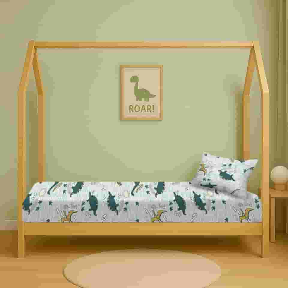 Jogo Lençol Mini Cama Montessoriana 70x150 com Elástico + Fronha 2 Peças Infantil Variados (Dinossauro)