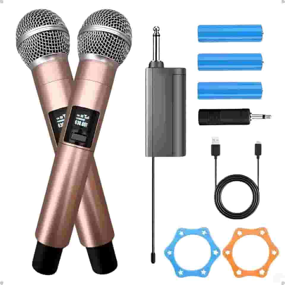 Microfone Dinâmico Duplo UHF Sem Fio, Profissional, Ideal para Festas, Eventos, Karaokê, Palestras e Aulas, Captação de Premium, Alcance Longo, Receptor Inclusos M87 Univerza Produtos (Rosé Gold)
