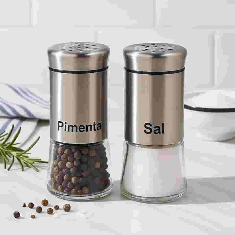 Kit Saleiro e Pimenteiro 2 Peças – Design Elegante em Vidro e Inox, Ideal para Sua Mesa!