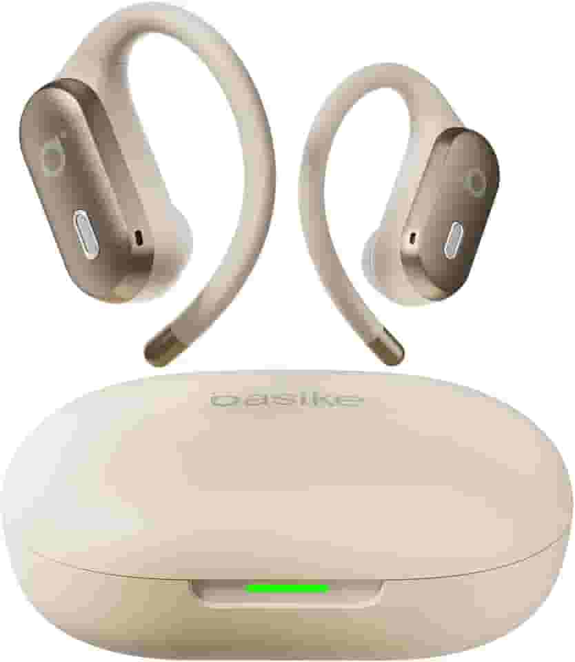 Basike Fone de Ouvido Bluetooth 5.4 Open-Ear, TWS Som Estéreo Hi-Fi, ANC e Modo Transparência, Suporta Chamadas de Voz, Toque Inteligente, Compatível com Android e iOS – Bege Claro
