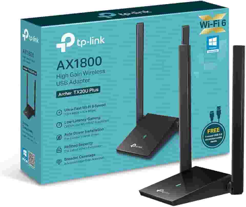 TP-Link Archer TX20U Plus AX1800 Adaptador Wi-Fi 6, Dual Band 5 GHz/2,4 GHz, USB 3.0, antena Wi-Fi externa ajustável, sinal potente, tecnologia MU-MIMO, OFDMA, compatível com Windows 11 e 10, WPA. 3
