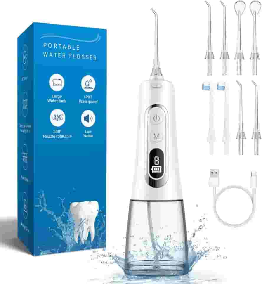 Irrigador Oral Portátil com fio Dental de água, 300ml, Recarregável, à Prova d'água IPX7, 9 Modos com Display LED, 8 Bicos de Jato, para Uso Doméstico e Em Viagens - Branco
