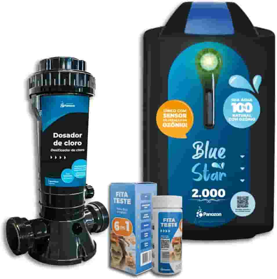KIT Gerador de Ozônio Blue Star 2000 com Dosador de Cloro e Fita Teste Para Piscina de até 50.000 Litros