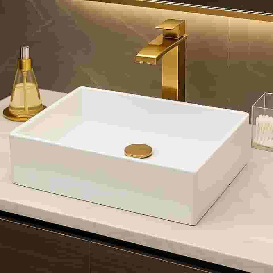 Cuba Para Banheiro Pia de Sobrepor 40cm Branca de Apoio Lavabo Lavatório Retangular Mármore Sintético