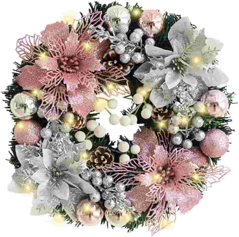 Guirlanda de Natal Decorativa, 30 cm, 20 LEDs Brancos Quentes, com Pinhas e Bolas Vermelhas, 3 Metros de Fio (Prata)