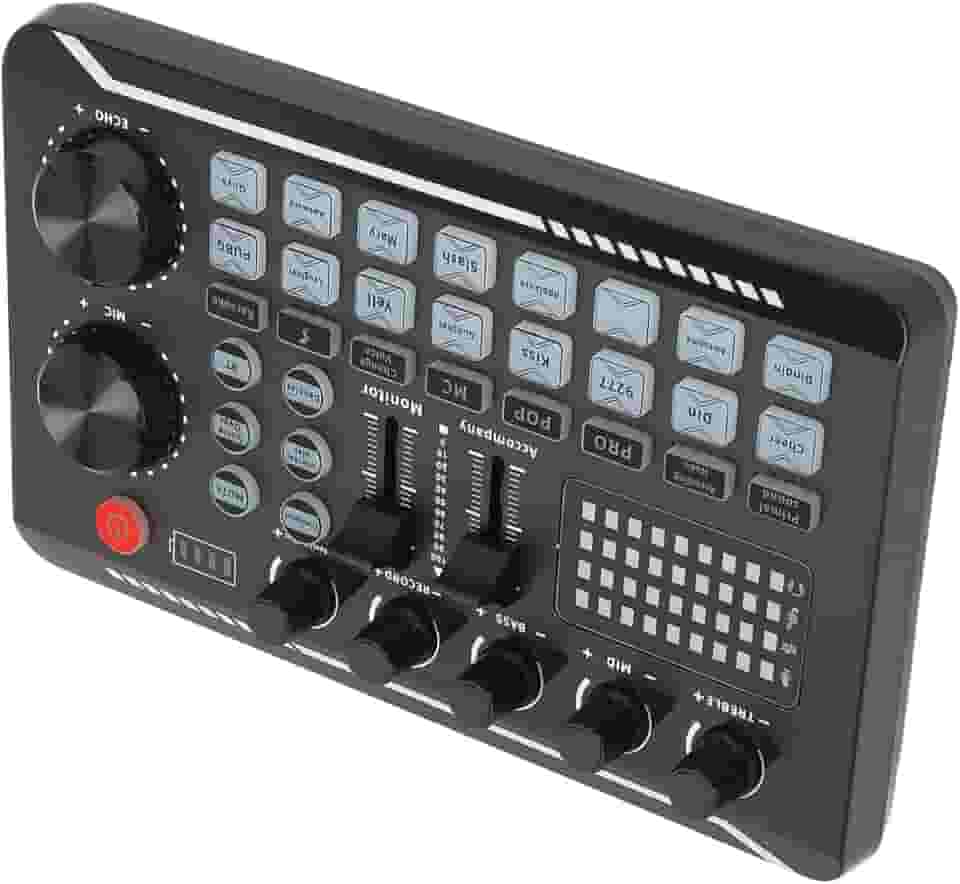 Mixer de Áudio F998 - Mini Mesa de Som Profissional com Bluetooth, Redução de Ruído, Efeitos de Voz e Equalizador para Lives, Podcast e Home Studio