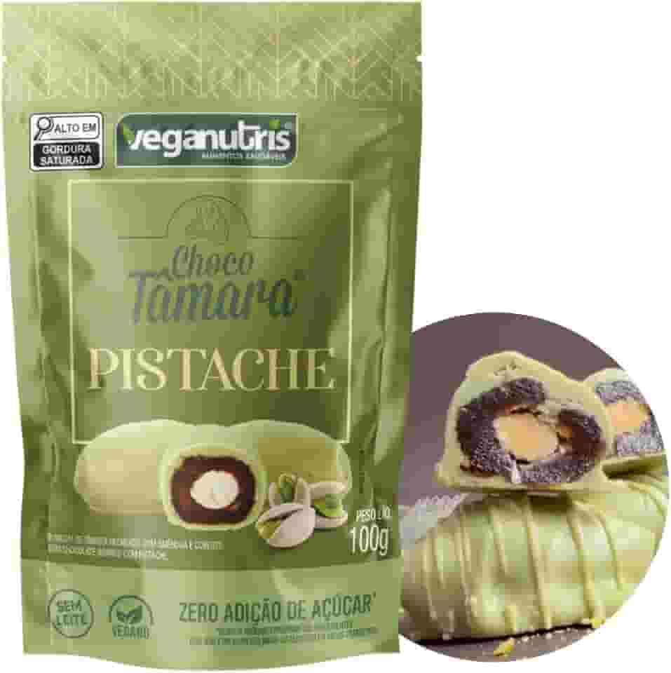 BOMBOM VEGANO DE TÂMARA SABOR PISTACHE COM CHOCOLATE BRANCO CHOCOTÂMARA VEGANUTRIS 100G