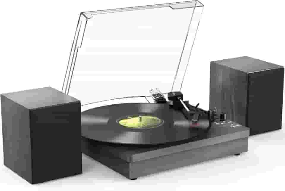 VEDO Toca-Discos Retro : Giradiscos 3 Velocidades (33/45/78 RPM) para Vinil com Bluetooth, Alto-Falantes Estéreo, Conversor LP/MP3 via USB - Madeira Elegante Preta | Presente para Colecionadores