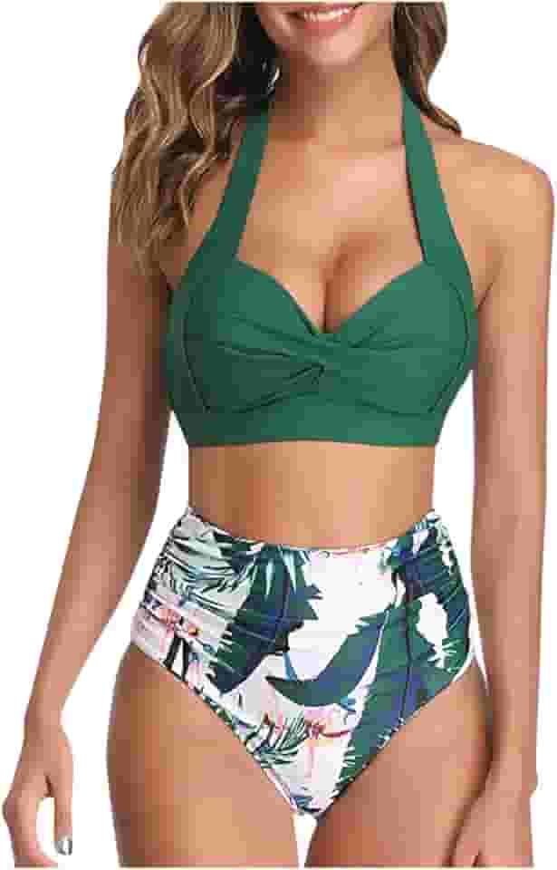 Conjunto de biquíni feminino, duas peças, frente única, cintura alta franzida