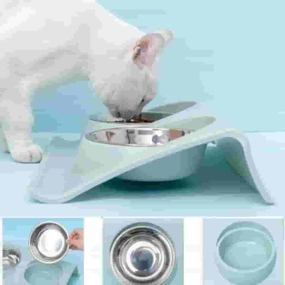 Comedouro Duplo elevado Para Pet Gatos E Cães Pequenos Tigelas Inox Bebedouro Filhotes (Azul)