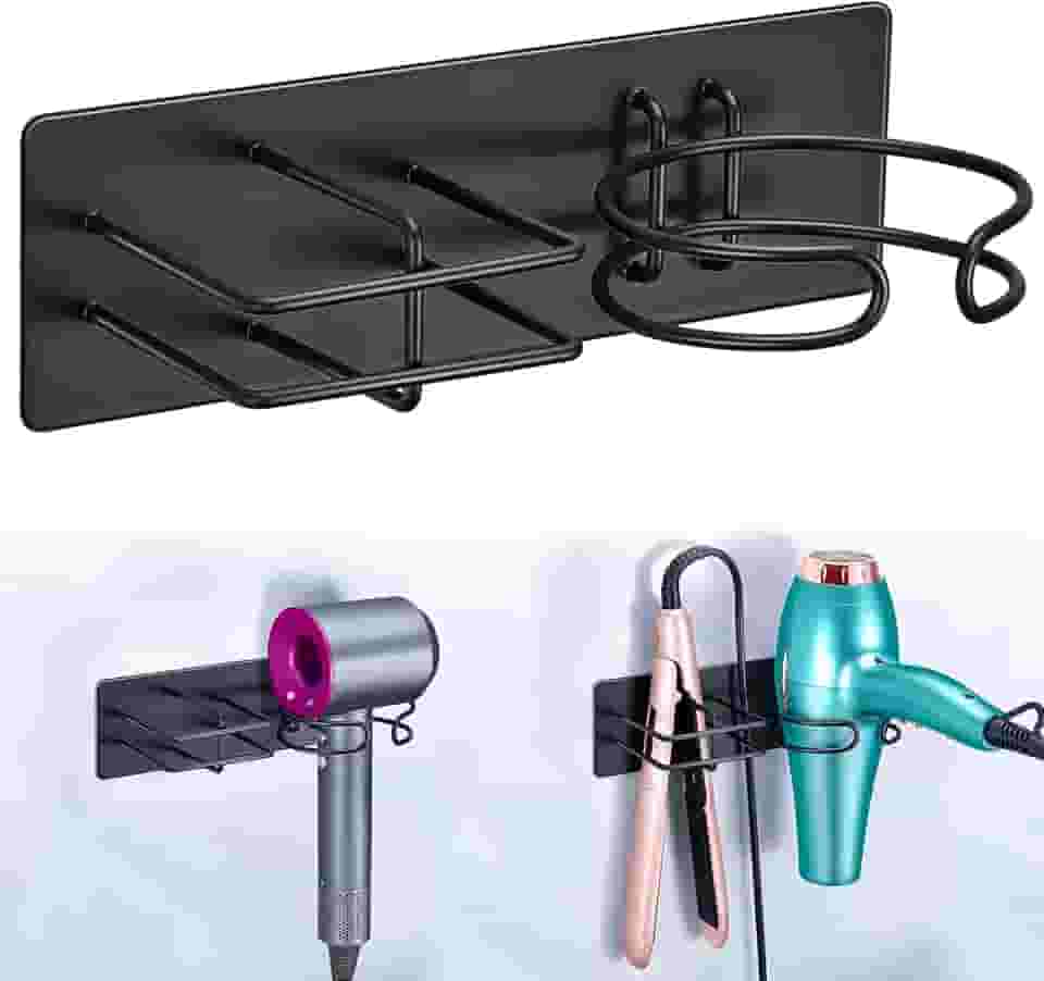 Suporte para secador de cabelo e alisador montado na parede, secador de cabelo autoadesivo e organizador de ferramentas de cabelo para banheiro (preto)