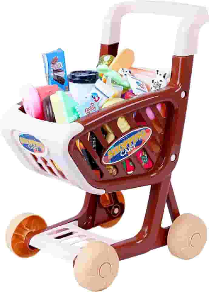 Carrinho de Compras Infantil Supermarket Shopping, 62 Acessórios, 43 x 33,5 x 10 cm, Marrom e Bege