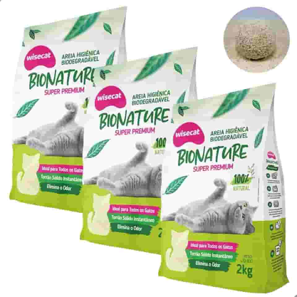Kit 3 Areia Higiênica Biodegradável 2kg Para Gatos Sanitária BioNature Super Premium Mandioca Natural