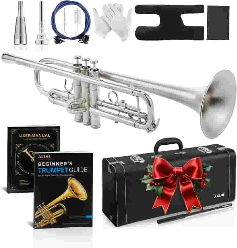 AKLOT Trompete Bb Ponderado Leadpite: Pistões de níquel galvanizado, prata fosca escovada, protetor de dedo de couro, bocais de trompete ponderados e padrão, estojo de couro elegante, livro de lições