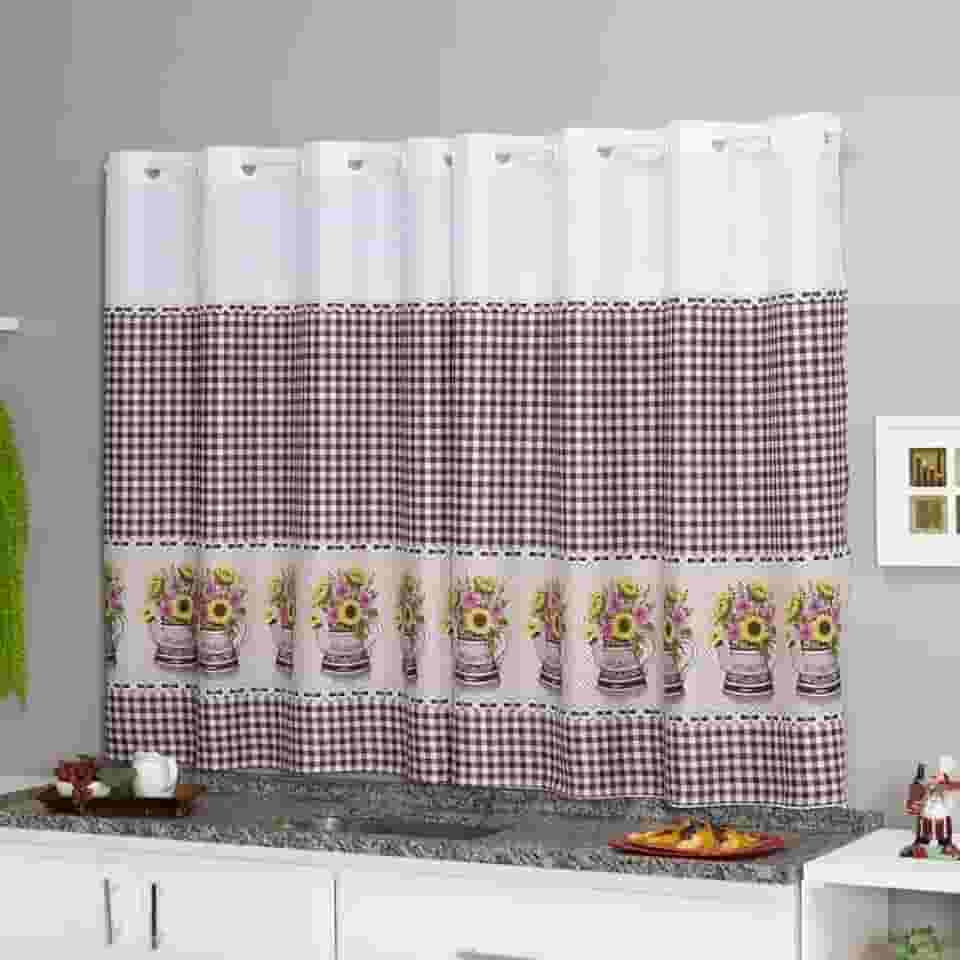 Cortina Cozinha Oxford 2,00x1,40 Estampada Cappuccino Janela Vitrô Ilhós Blackout Blecaute Decorativa Poliéster Varão (Girassol)