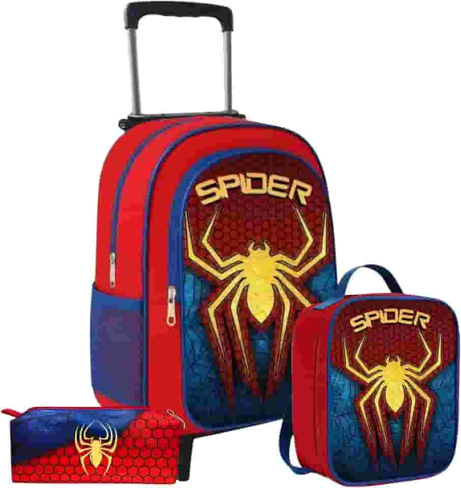 Kit Mochila de Rodinha Escolar Masculina Infantil Menino + Lancheira + Estojo Grande Aranha 6