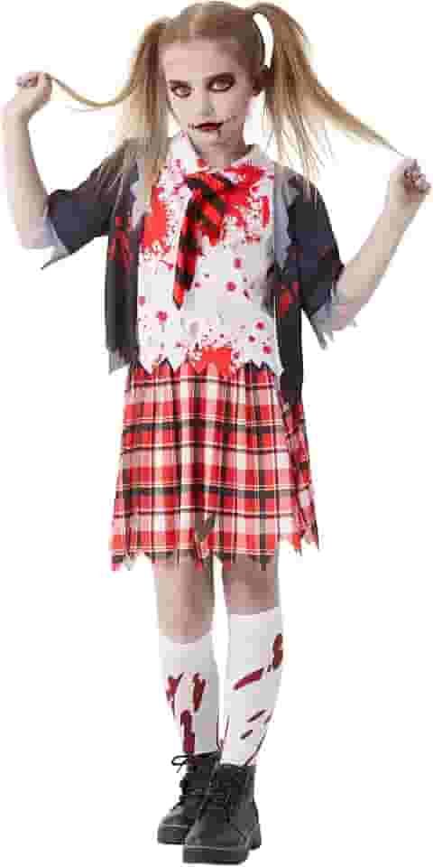 Fantasia de menina escolar, fantasia de zumbi, sangrenta, assustadora, para crianças, 5 peças, camisa, saia, Halloween, cosplay, festa