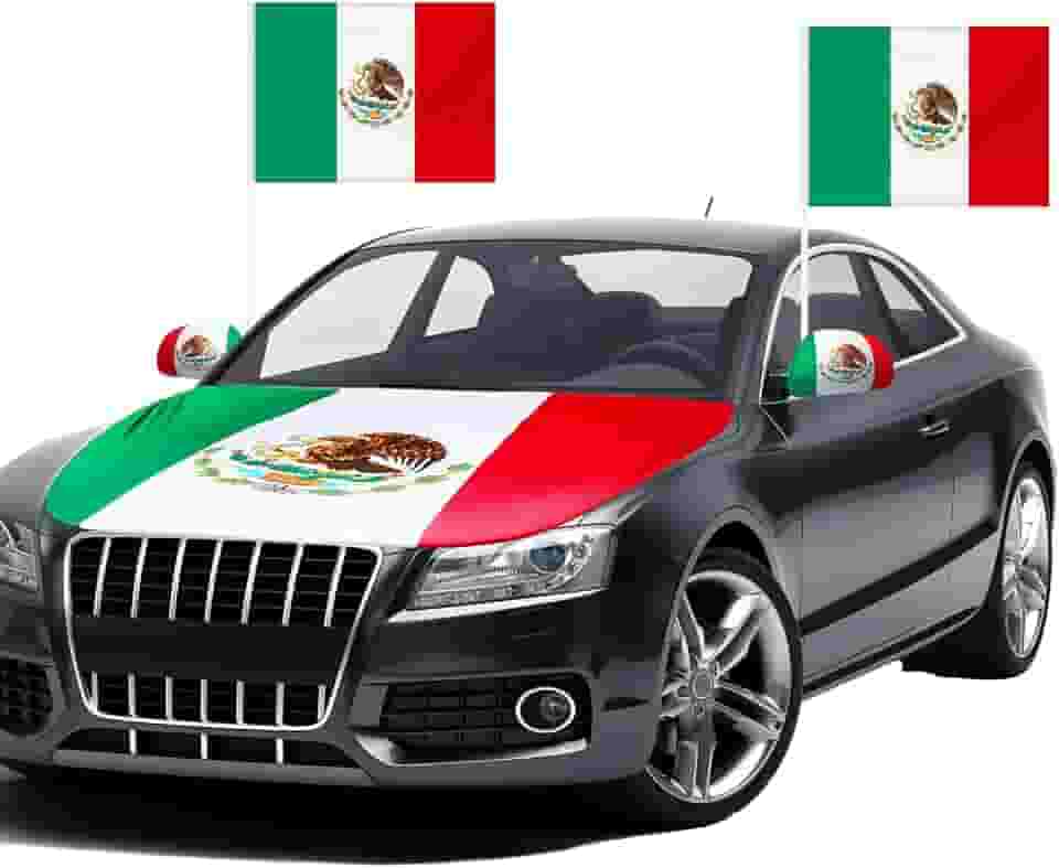 BBTO Conjunto de 3 acessórios de carro com bandeiras mexicanas, capa de capô de carro com bandeira do México, capas de espelho lateral e bandeira do México, ajuste universal para caminhões, SUV