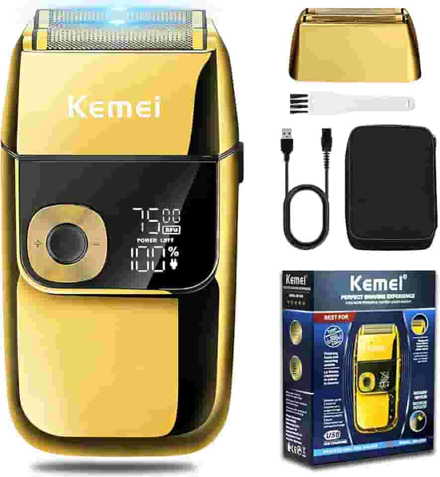 Lâminas de barbear elétricas KEMEI para homens, LCD Display Navalhas masculinas sem fio, USB recarregável com aparador de barba pop-up Melhor presente de viagem mundial, Modelo KM 2028, Ouro