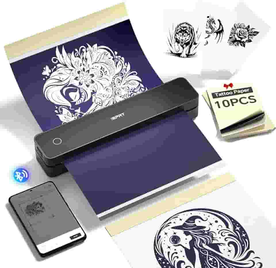 iDPRT Impressoras Tatto MT660 e dez folhas de papel de tatuagem, impressora térmica Bluetooth sem fio para viagens, impressora sem tinta compatível com iOS, Android, laptop