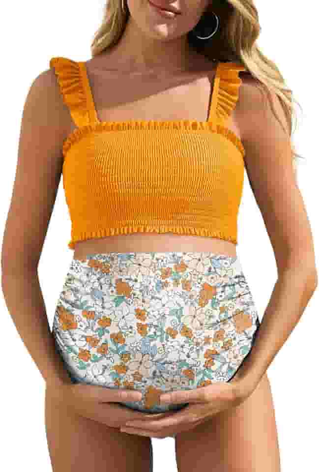 Biquíni de cintura alta para gestantes, duas peças, bainha com babados, roupa de banho floral