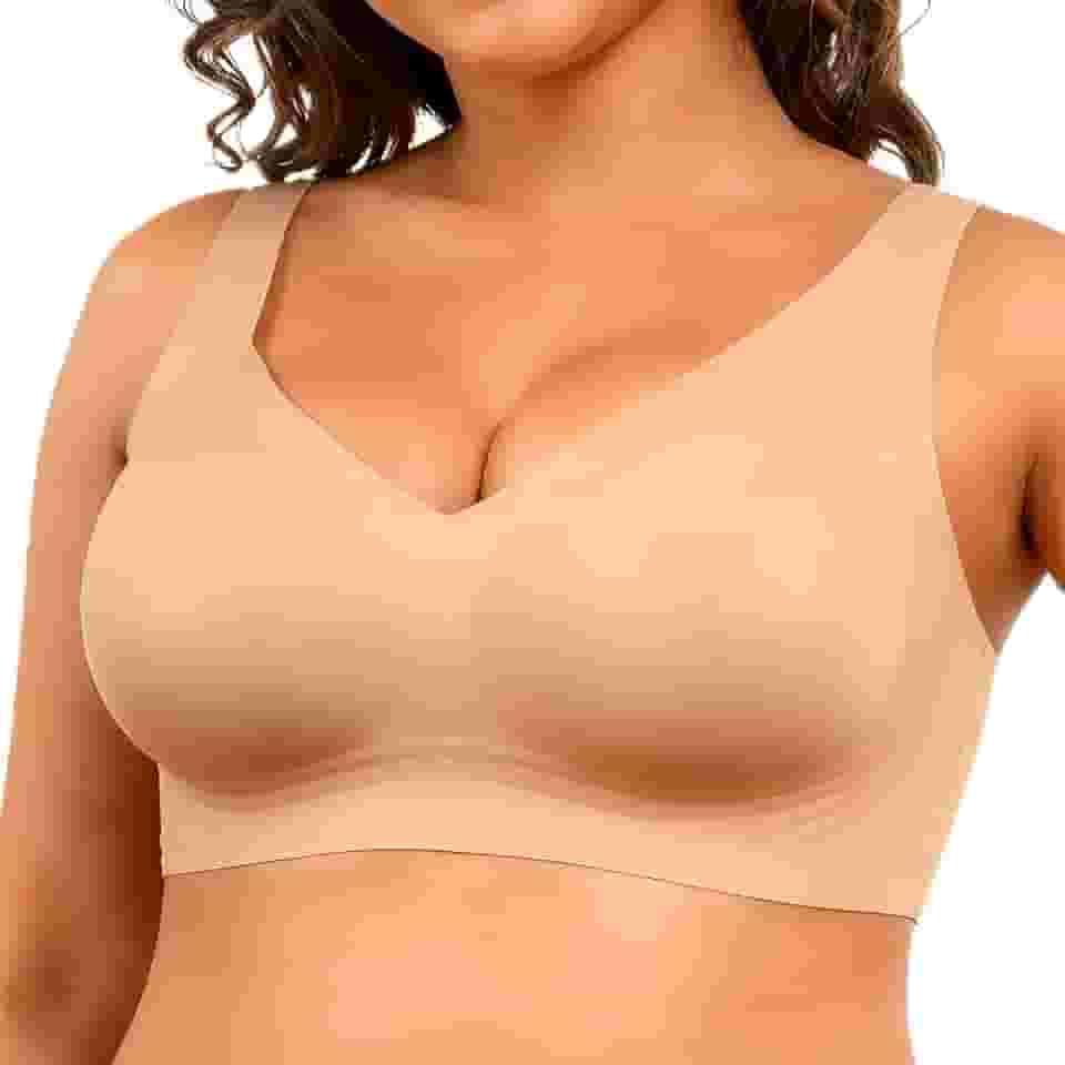 Sutiã esportivo feminino sem costura, macio e confortável, ajustável e cobertura total sem anéis de aço, Bege, XGG