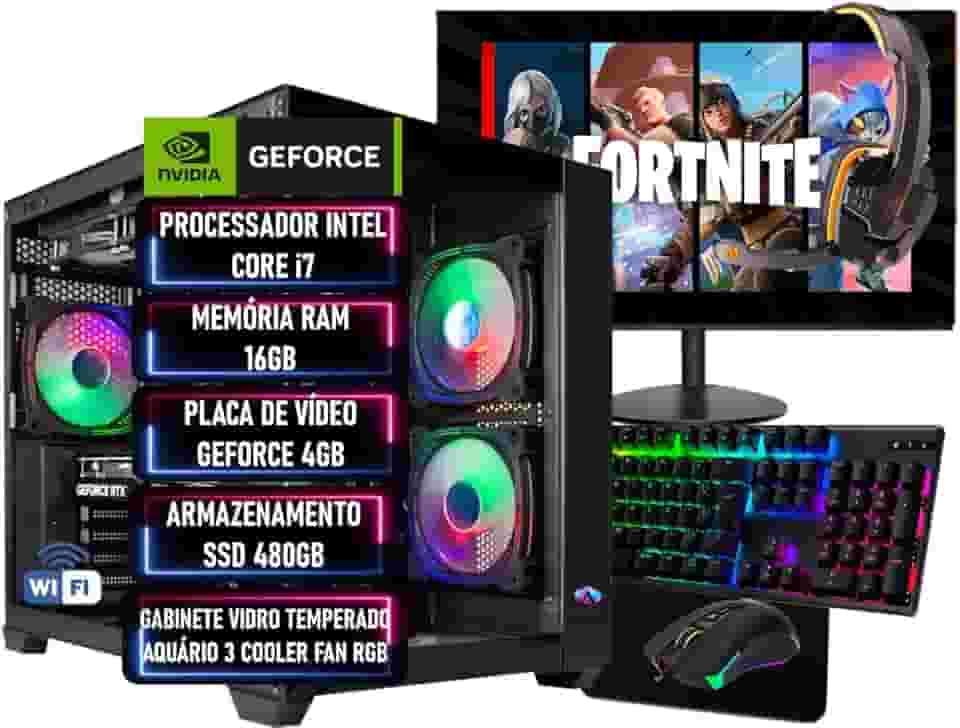 PC Gamer Completo Intel Core i7, RAM 16GB, SSD 480GB, GEFORCE 4GB + Monitor + Kit Gamer + Wi-Fi - ADVANCEDTECH