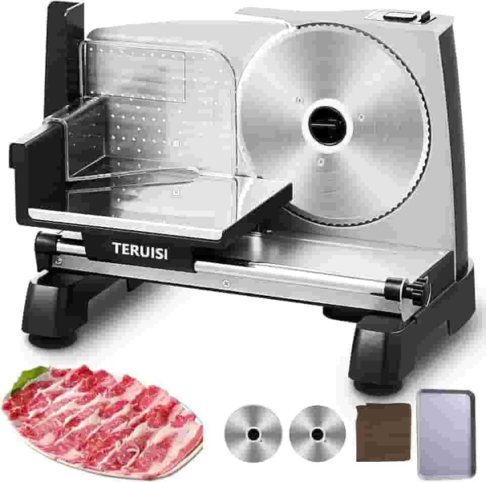 TERUISI Fatiador De Carne Elétrico, Alimentos 200 W E 110 V Com 2 Lâminas Aço Inoxidável 7,5 Pol., Espessura Ajustável 0 A 18 Mm, Bandeja Para Máquina Corte, Toalha Uso Doméstico, Frutas, Pão, Queij