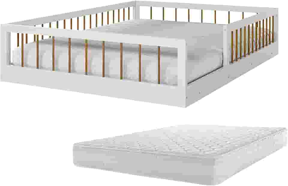 Cama Casal Montessoriana Com Colchão Infantil Quarto Criança Meninas E Meninos Berço Moderno Com Grade Lateral Proteção