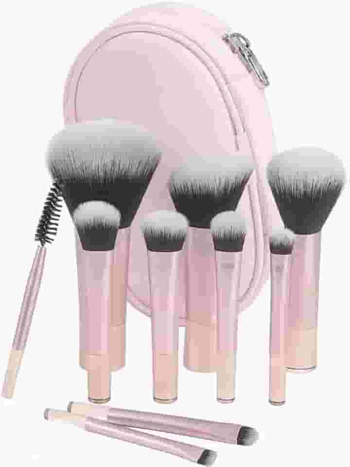 Kit Mini Pincéis de Maquiagem 10 Peças Travel Size com Nécessaire - Cerdas Macias para Make Completa - Rosa