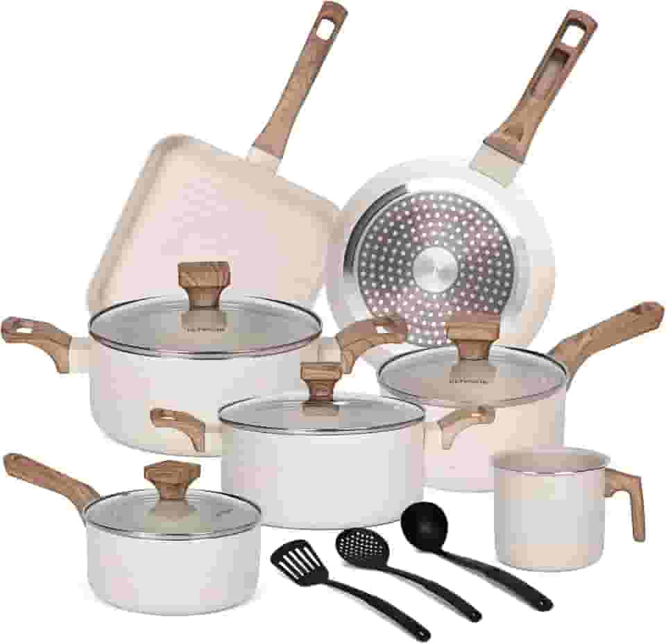 Jogo de Panelas 10 Peças Indução Cerâmica Antiaderente, Adequado para Fogão a Indução, Gás, Elétrico e Vitrocerâmico, Durável Lindas e Qualidade, Baunilha