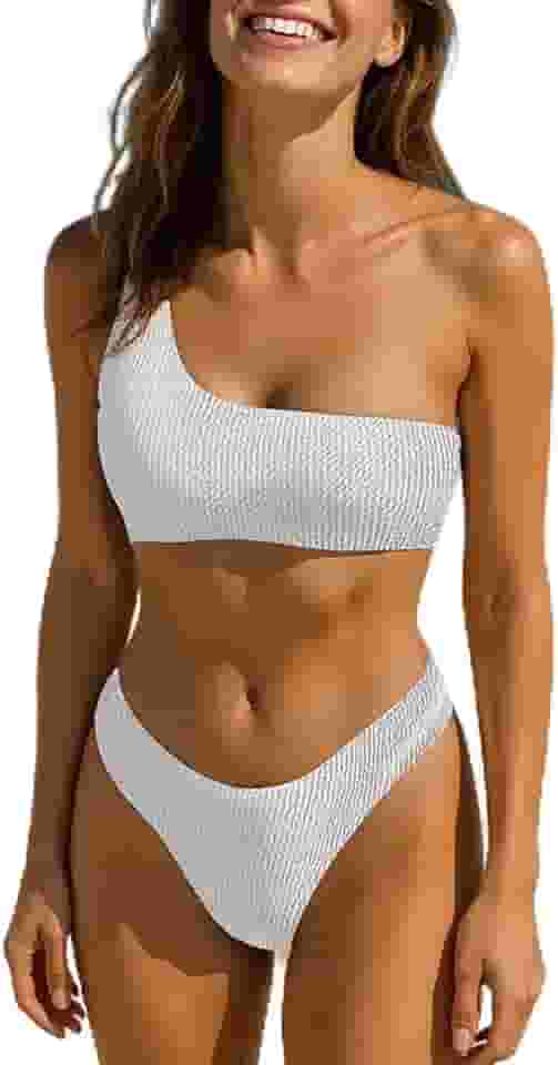 Conjunto de biquíni feminino de cintura alta casual elegante com nervuras de um ombro único, Branco, G