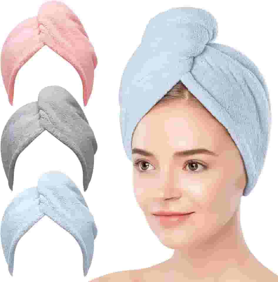 kit 3 Toalha de Cabelo de Microfibra, Turbantes de Cabelo para Cabelos Molhados, Toalhas de Secagem para Cabelo Cacheado Mulheres Anti Frizz (Azul, Cinza, Rosa)