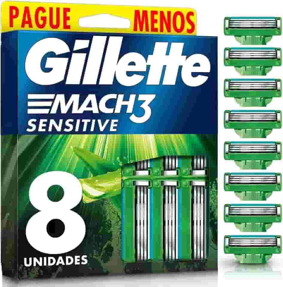 GILLETTE Mach3 Sensitive Carga para Aparelho de Barbear Reutilizável , 8 Refis com Aloe, Barbear Rente com Menos Irritação para Homens com Pele Sensível