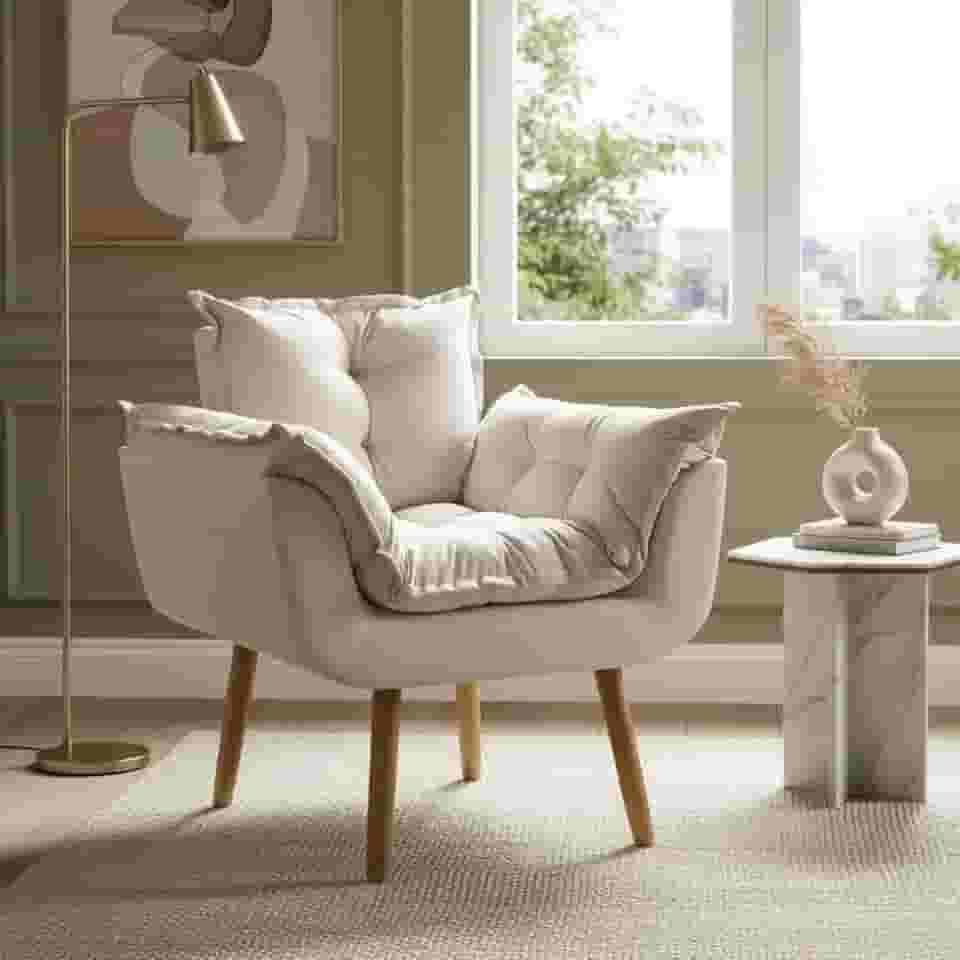 Poltrona Alice Decorativa Para Sala Cadeira Reforçada Para Recepção Manicure Clínica Sala De Espera Consultório Escritório Pé Castanho - Clique & Decore (Bege)