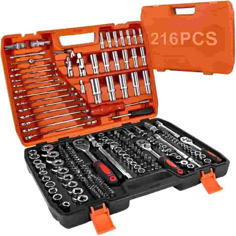 Kit Jogo de Soquetes com Chave Catraca, 216 Peças, Encaixe de 1/4" e Diâmetro 4mm a 32mm, caixa de ferramentas completa, kit de ferramentas completa